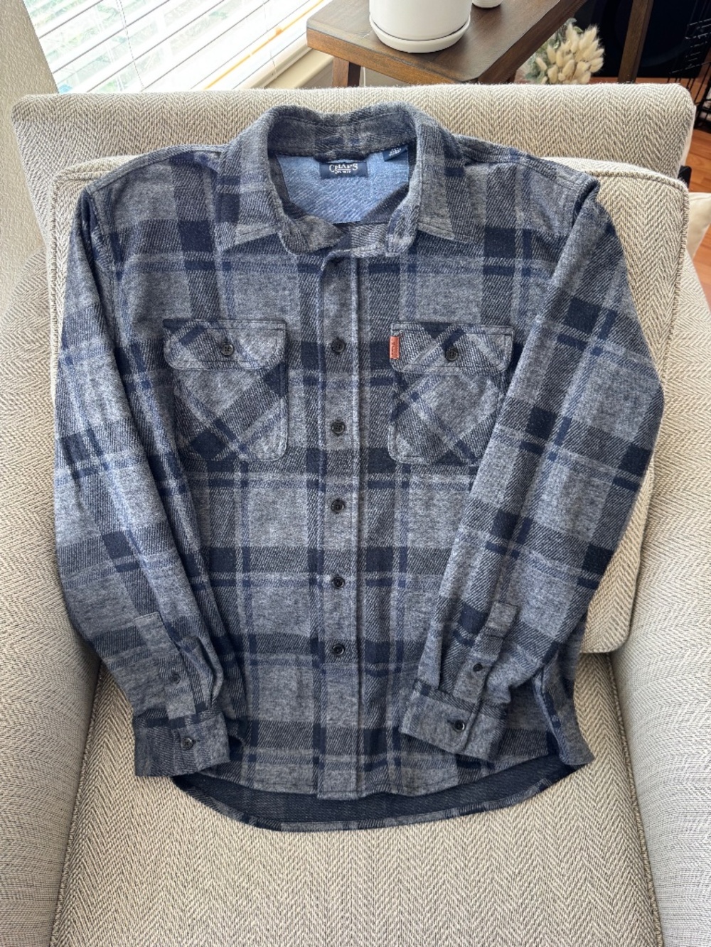Chaps Men's Flannel Plaid Blue Button Up Down Shirt The Lakeland Knit M